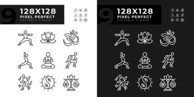 Pixel perfect light and dark mode icons representing meditation, editable thin line wellness illustration set. vector