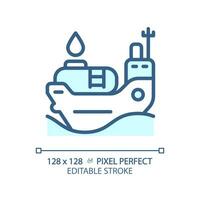 Oil tanker ship light blue icon. Cargo vessel. Maritime industry. Oil transportation. Petroleum tanker. RGB color sign. Simple design. Web symbol. Contour line. Flat illustration. Isolated object vector