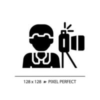 2D pixel perfect glyph style photojournalist icon, isolated vector, thin line illustration representing journalism. vector