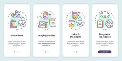 Diagnostic procedures for kids onboarding mobile app screen. Walkthrough 4 steps editable graphic instructions with linear concepts. UI, UX, GUI template vector