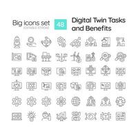 Digital twin tasks and benefits linear icons set. Smart manufacturing. Industry 4. Machine learning. Customizable thin line symbols. Isolated vector outline illustrations. Editable stroke