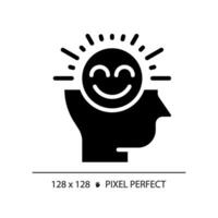 2D pixel perfect glyph style positive thinking icon, isolated vector, silhouette illustration representing soft skills. vector