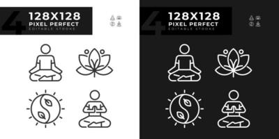 2D pixel perfect light and dark mode icons set representing meditation, editable thin line wellness illustration. vector