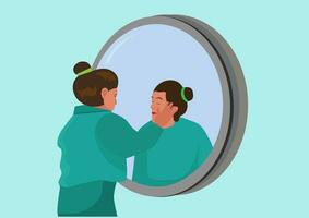 concept of acceptance young woman loves herself A woman stands in front of a mirror, reaching out to comfort her reflection. mental health care Optimism. Vector illustration