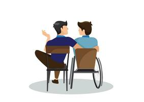 perfect physical friend With a disabled friend in a wheelchair, spend quality time together in the park. Talk and laugh together Vector illustration