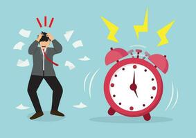 The businessman was unable to complete the documents in time to send to the customer. A character is stressed by the sound of a giant red alarm clock. vector
