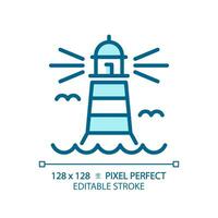 2D pixel perfect editable blue lighthouse icon, isolated vector, building thin line illustration. vector