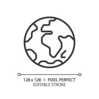 Earth planet pixel perfect linear icon. Environmental science. Natural resources. Climate change. World travel. Thin line illustration. Contour symbol. Vector outline drawing. Editable stroke