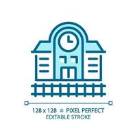 2D pixel perfect editable blue railway station icon, isolated vector, building thin line illustration. vector