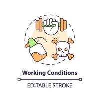 Working conditions multi color concept icon. Toxic chemicals. Hard work. Farm worker. Manual labor. Hazardous substance. Round shape line illustration. Abstract idea. Graphic design. Easy to use vector