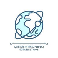 Orbit pixel perfect light blue icon. Satellite tracking. Planetary motion. Earth planet. Solar system. RGB color sign. Simple design. Web symbol. Contour line. Flat illustration. Isolated object vector