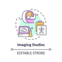 Imaging studies concept icon. X ray machine. Bone scan. Diagnostic equipment. Computed tomography. Pediatric clinic abstract idea thin line illustration. Isolated outline drawing. Editable stroke vector