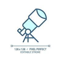 Telescope pixel perfect light blue icon. Star gazing. Space discovery. Astronomy education. RGB color sign. Simple design. Web symbol. Contour line. Flat illustration. Isolated object vector