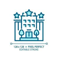 2d píxel Perfecto editable azul hotel icono, aislado vector, edificio Delgado línea ilustración. vector