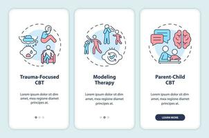 2D icons representing behavioral therapy mobile app screen set. Walkthrough 3 steps colorful graphic instructions with line icons concept, UI, UX, GUI template. vector