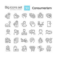 Consumerism linear icons set. Consumer culture. Responsible consumption. Impulse buy. E commerce. Money spending. Customizable thin line symbols. Isolated vector outline illustrations. Editable stroke