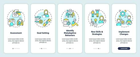 2D icons representing behavioral therapy mobile app screen set. Walkthrough 5 steps multicolor graphic instructions with thin line icons concept, UI, UX, GUI template. vector