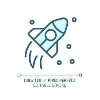 Space travel pixel perfect light blue icon. Cosmic journey. Rocket flying. Aerospace technology. RGB color sign. Simple design. Web symbol. Contour line. Flat illustration. Isolated object vector