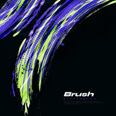 Purple and Green Brush Background with Halftone Effect Isolated on Black Background. Sport Background with Grunge Style. Scratch and Texture Elements For Design