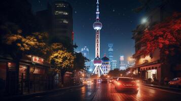 Night view of The Oriental Pearl Tower. Generative AI photo