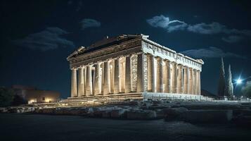 Night view of The Parthenon. Generative AI photo