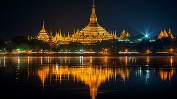 noche ver de el shwedagon pagoda. generativo ai foto