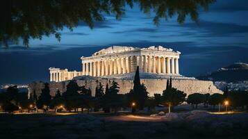 noche ver de el Partenón. generativo ai foto