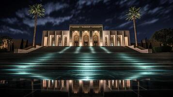 Night view of The Mausoleum of Mohammed V. Generative AI photo