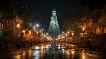 Night view of The Meenakshi Temple. Generative AI photo