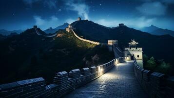 Night view of The Great Wall of China. Generative AI photo