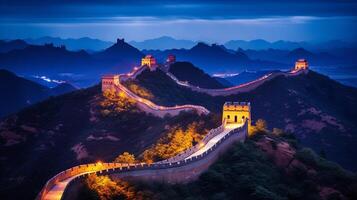 Night view of The Great Wall of China. Generative AI photo