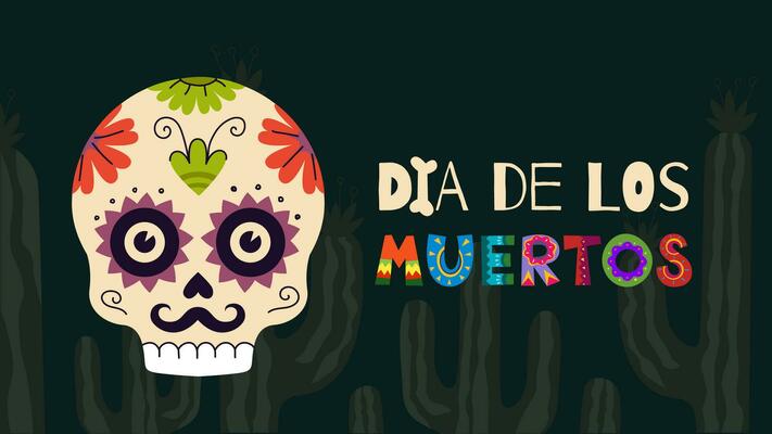 Dia de Los Muertos holiday horizontal poster. Mexican Day of the Dead national festival greeting card with colourful lettering and skull. Mexico traditional november carnival flyer eps design template