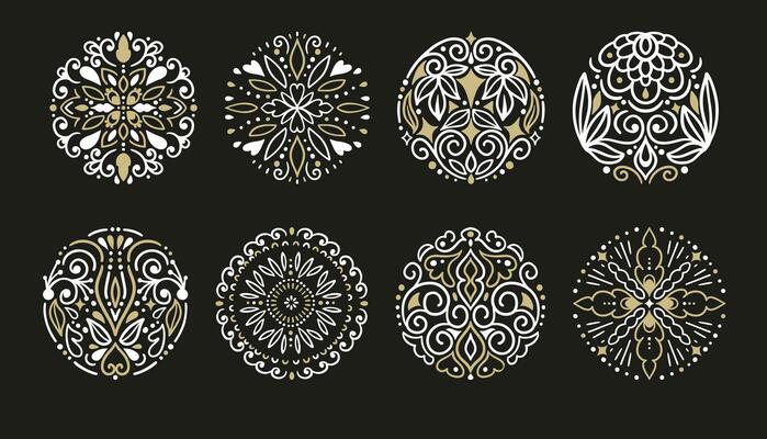 Decorative Round Ornament. Circle Gold and White Swirl Pattern