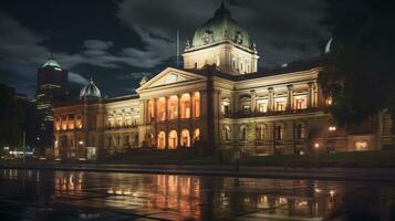 Night view of State Library of Victoria. Generative AI photo