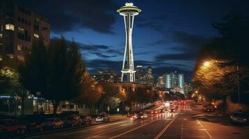 Night view of Space Needle. Generative AI photo