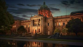 Night view of State Library of Victoria. Generative AI photo