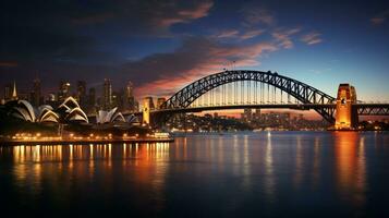 noche ver de Sydney puerto puente. generativo ai foto