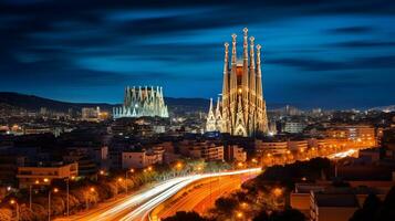 Night view of Sagrada Familia. Generative AI photo