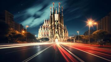 Night view of Sagrada Familia. Generative AI photo