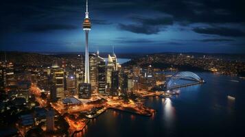 Night view of Sydney Tower Eye. Generative AI photo