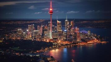 Night view of Sydney Tower Eye. Generative AI photo