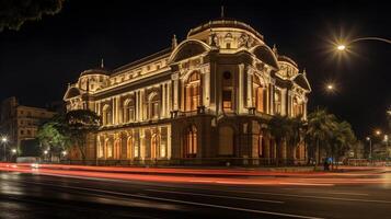 Night view of Teatro Amazonas. Generative AI photo