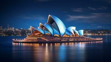 noche ver de Sydney ópera casa. generativo ai foto