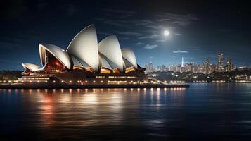 Night view of Sydney Opera House. Generative AI photo