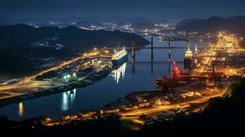 Night view of Panama Canal. Generative AI photo