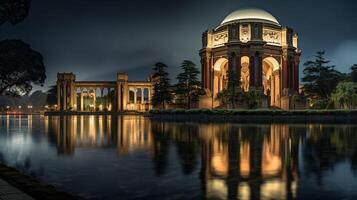 Night view of Palace of Fine Arts. Generative AI photo