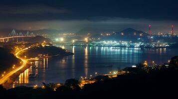 Night view of Panama Canal. Generative AI photo