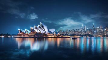 noche ver de Sydney ópera casa. generativo ai foto