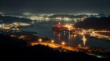 Night view of Panama Canal. Generative AI photo