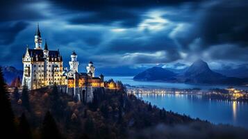 Night view of Neuschwanstein Castle. Generative AI photo